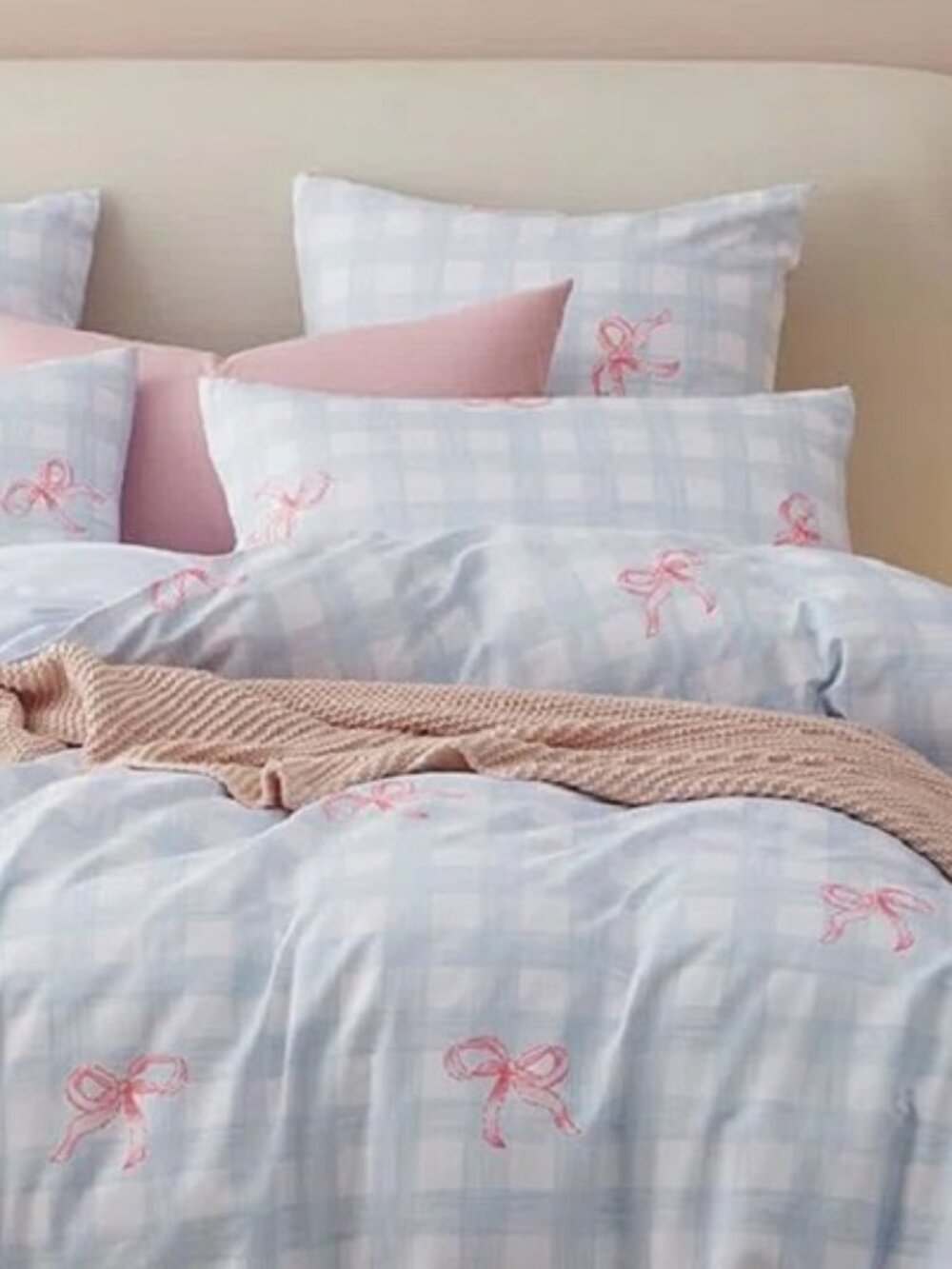 King Duvet Cover Set w/2 King Shams- Pink Bowknot And Blue Printed NEW